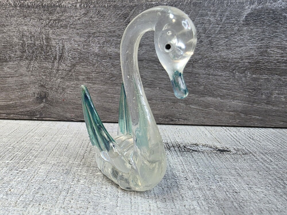 Vintage 1950s Lucite Swan Figurine Bird Hong Kong Clear Blue 3" 224b